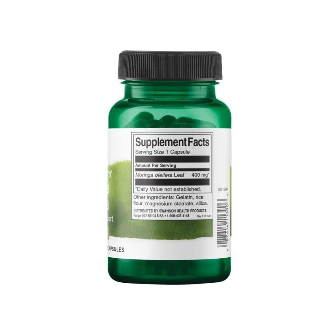 Eine Flasche Swanson Moringa Oleifera - 400 mg 60 Kapseln auf einem weißen Hintergrund.