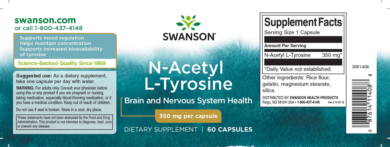 Swanson N-Acetyl L-Tyrosin - 350 mg 60 Kapseln ist ein Nahrungsergänzungsmittel, das eine verbesserte Aufnahme und Konzentration fördert und gleichzeitig die Stimmungsregulierung unterstützt.