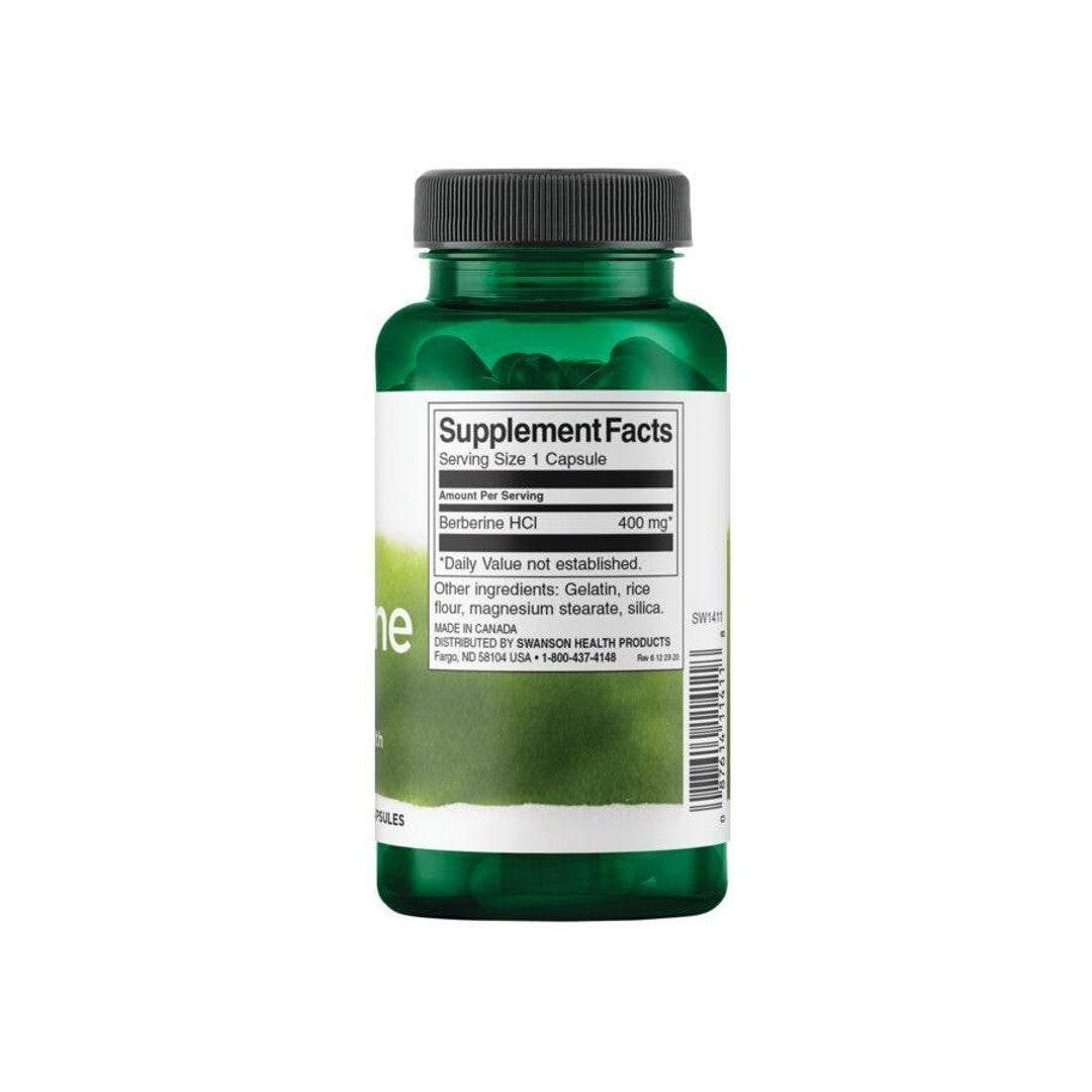 Ein Nahrungsergänzungsmittel Flasche Swanson Berberin - 400 mg 60 Kapseln auf einem weißen Hintergrund angezeigt.
