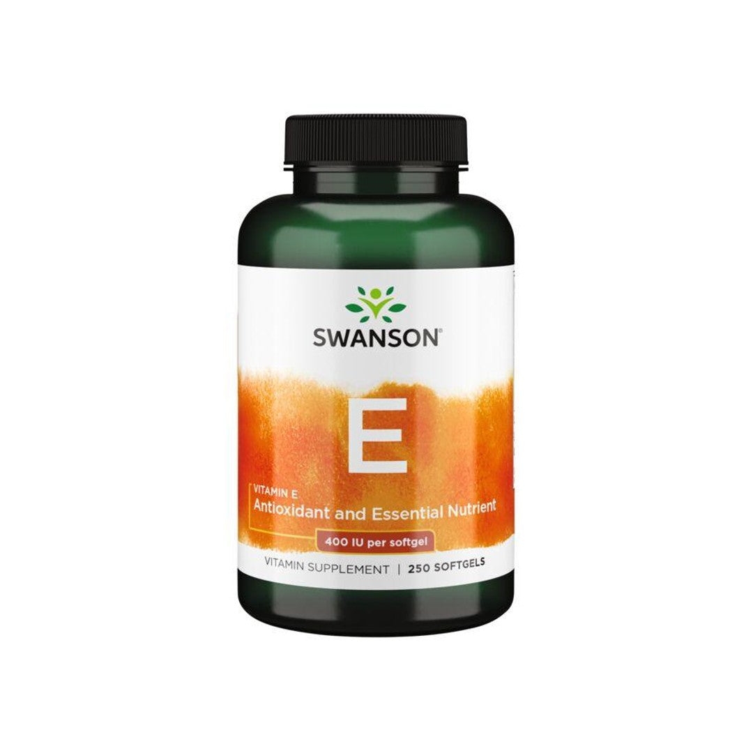 A bottle of Swanson Vitamin E - Natural 400 IU 250 softgel supplement for cardiovascular health and antioxidant support.