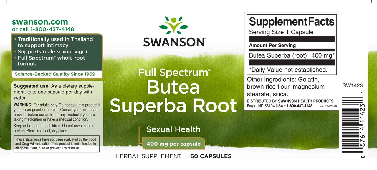 Das Nahrungsergänzungsetikett für Swanson's Butea Superba Root - 400 mg 60 Kapseln.