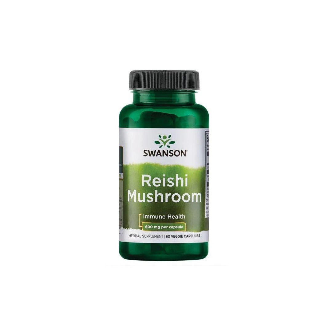 Eine Flasche Swanson's Reishi-Pilz 600 mg 60 Veggie-Kapseln, bekannt für seine immunologischen und antioxidativen Eigenschaften.