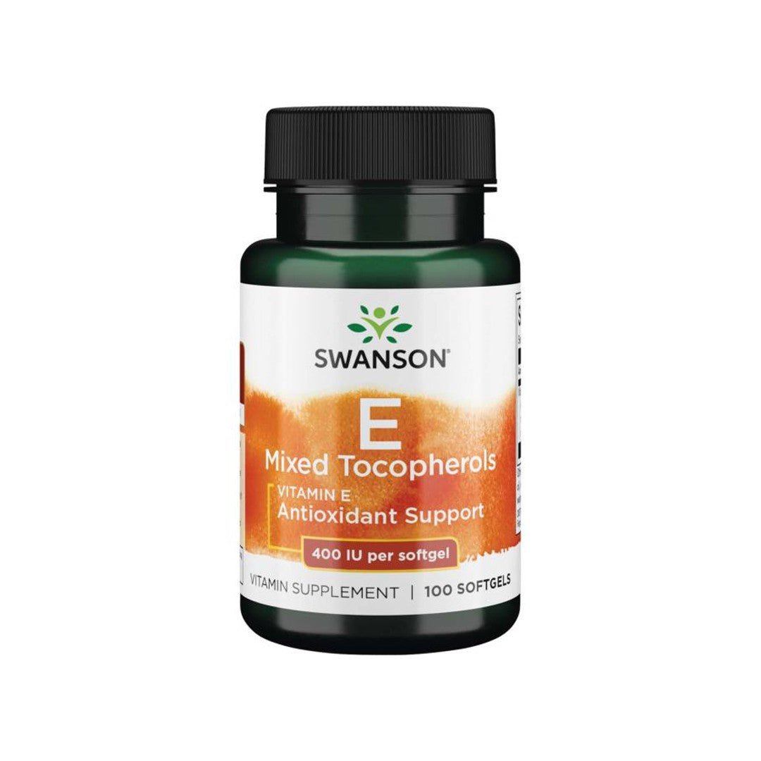 A bottle of Swanson's Vitamin E - 400 IU 100 softgel Mixed Tocopherols antioxidant support for cardiovascular health and protection against free radical damage.