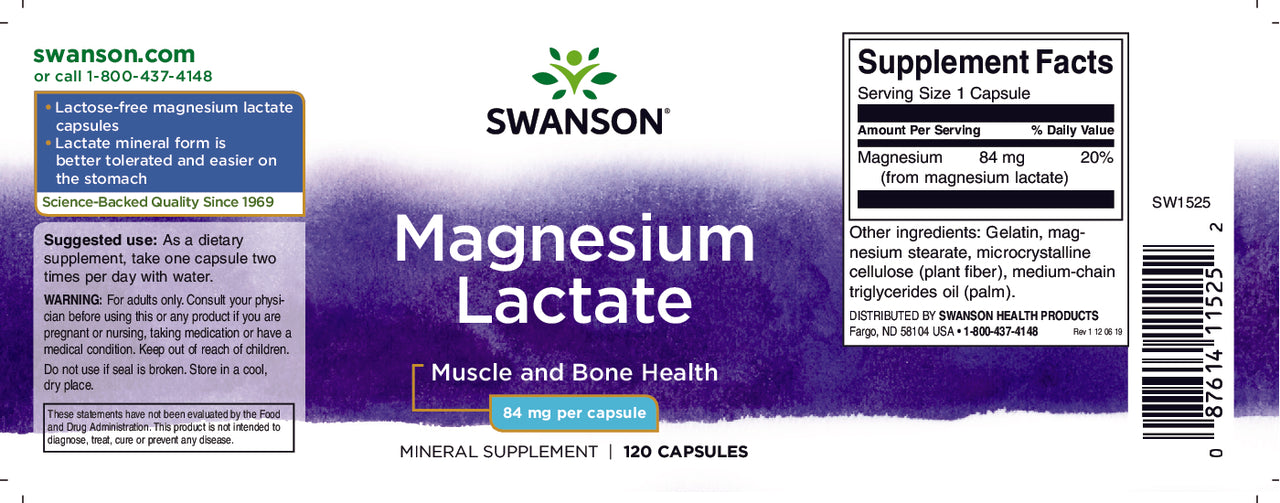 SwansonMagnesiumlactat - 84 mg 120 Kapseln Etikett.
