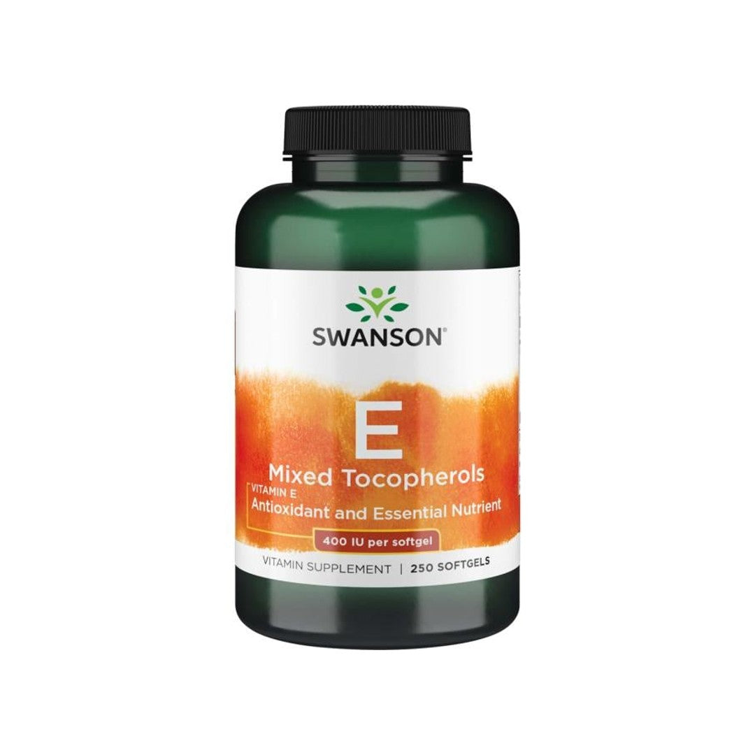 Eine Flasche Swanson Vitamin E - 400 IU 250 Weichkapseln Gemischte Tocopherole, die als Antioxidantien die kardiovaskuläre Gesundheit unterstützen.