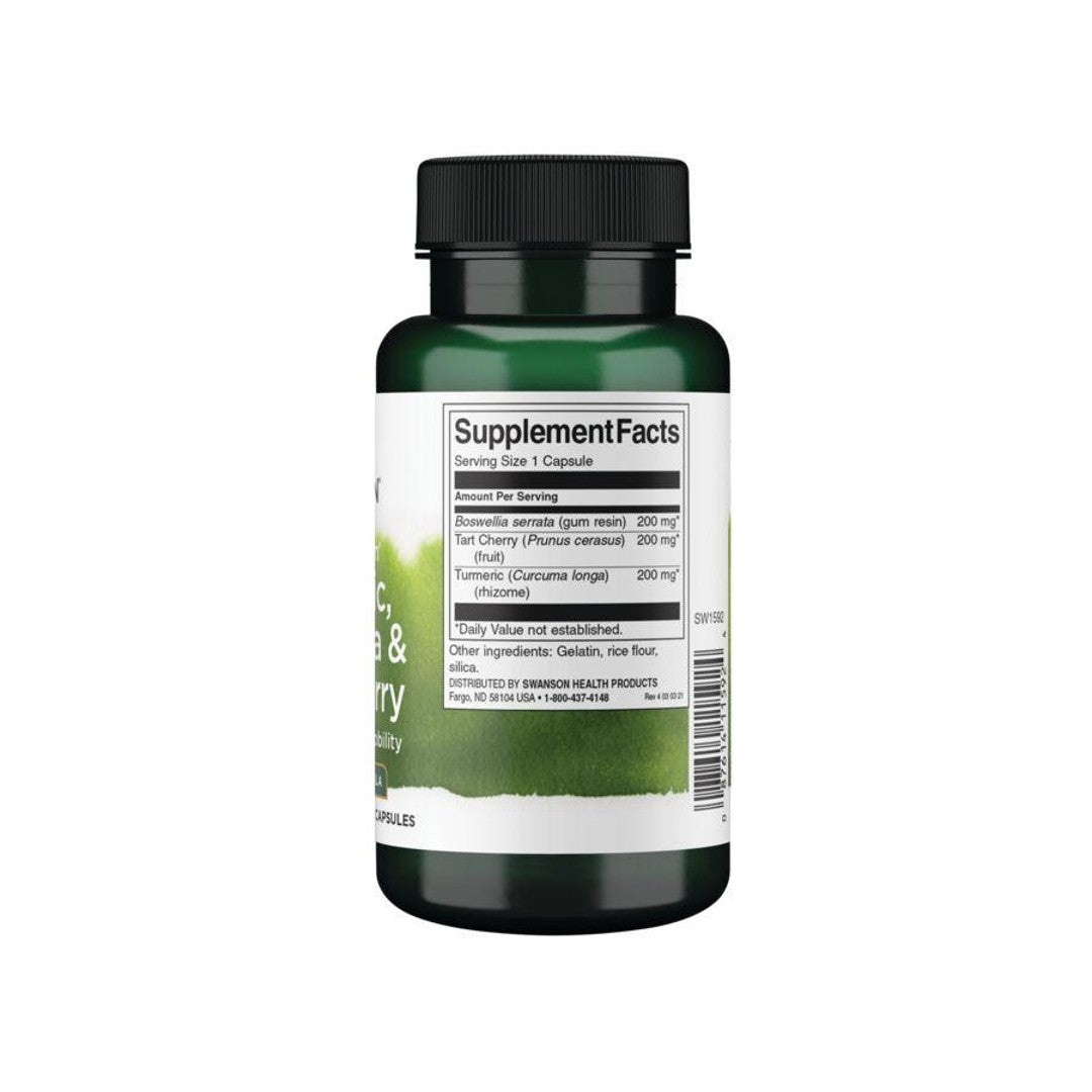 A bottle of Swanson Turmeric, Boswellia & Tart Cherry - 60 capsules supplement containing joint support ingredients.