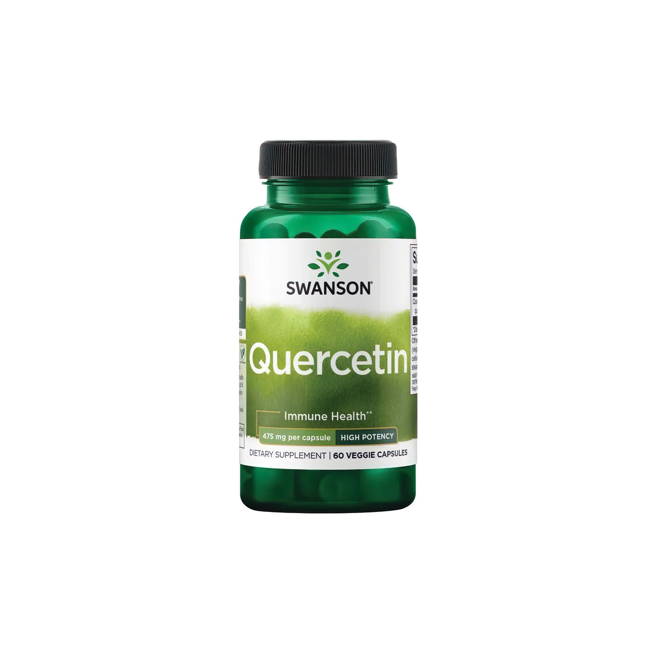 Eine Flasche Swanson Quercetin 475 mg 60 vcaps, ein starkes Antioxidans für das Immunsystem, auf einem weißen Hintergrund.