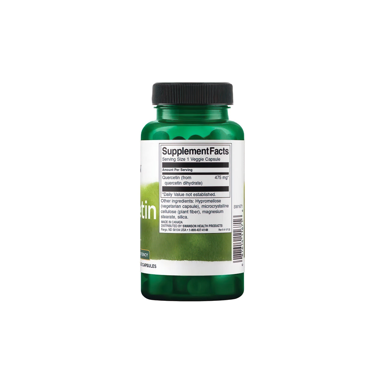 Eine Flasche mit dem antioxidantienreichen Quercetin 475 mg 60 vcaps von Swanson auf weißem Hintergrund, das sich positiv auf das Immunsystem und die Blutgefäße auswirkt.