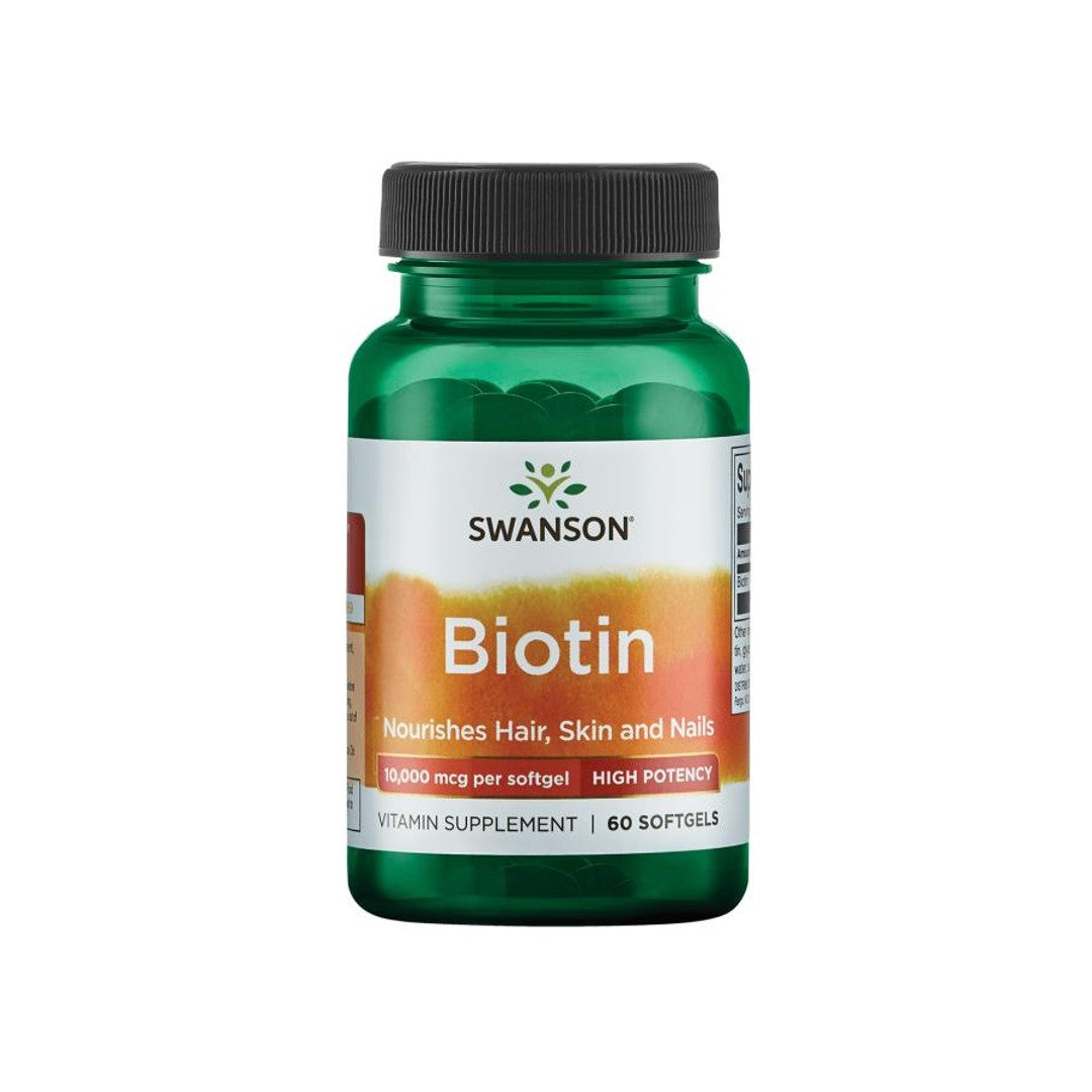 Swanson Biotin - 10000 mcg, ein Nahrungsergänzungsmittel in Form von 60 Softgels.