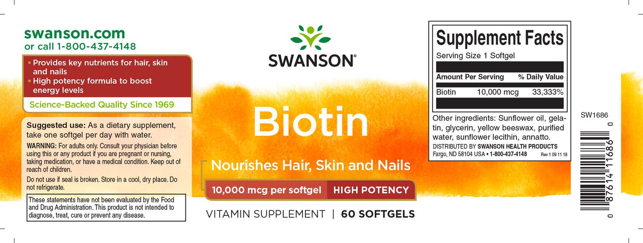 Swanson Biotin - 10000 mcg 60 Weichkapseln Nahrungsergänzungsmittel Etikett.