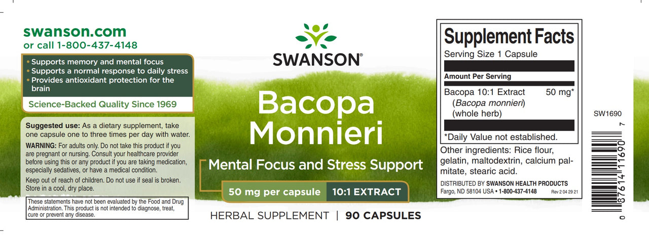 Swanson Bacopa Monnieri 10:1 Extrakt - 50 mg Nahrungsergänzungsmittel.