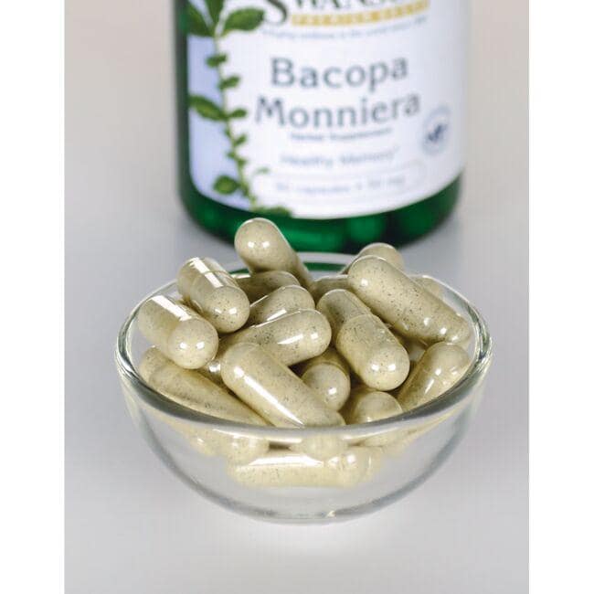 SwansonBacopa Monnieri Nahrungsergänzungsmittel - 50 mg 90 Kapseln in einer Schale neben einer Flasche.