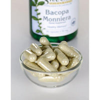 Thumbnail für Swanson's Bacopa Monnieri Nahrungsergänzungsmittel - 50 mg 90 Kapseln in einer Schale neben einer Flasche.