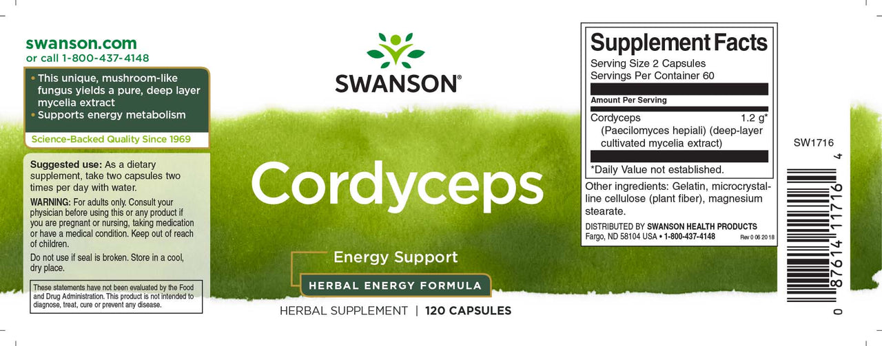 Ein Etikett für Swanson Cordyceps - 600 mg 120 Kapseln.