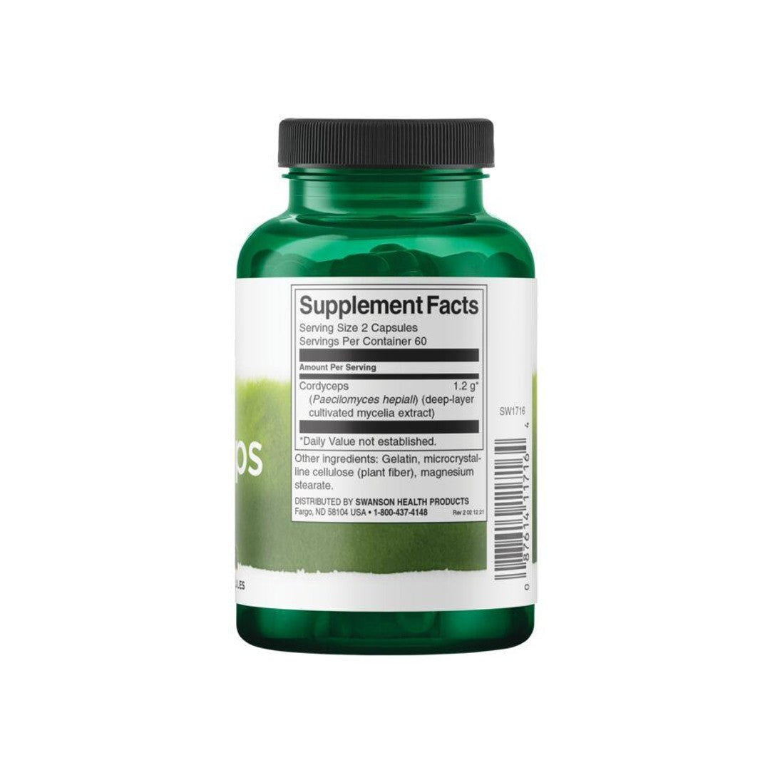 Eine Flasche Swanson Cordyceps - 600 mg 120 Kapseln mit einem Etikett darauf.