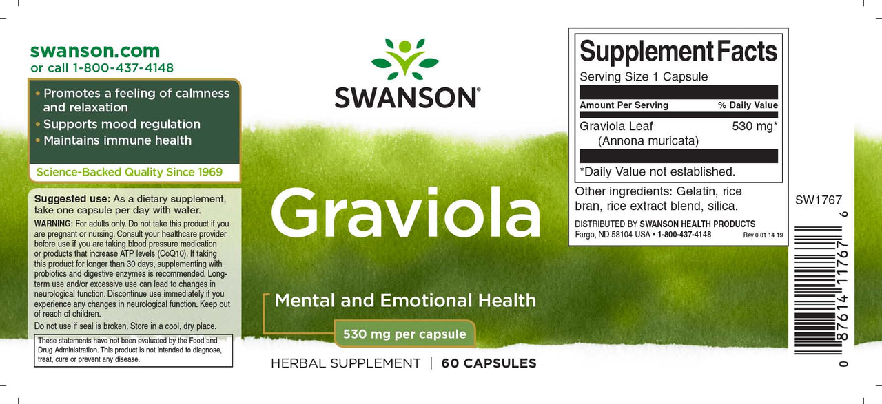 Ein Etikett für Swanson Graviola - 530 mg 60 Kapseln.