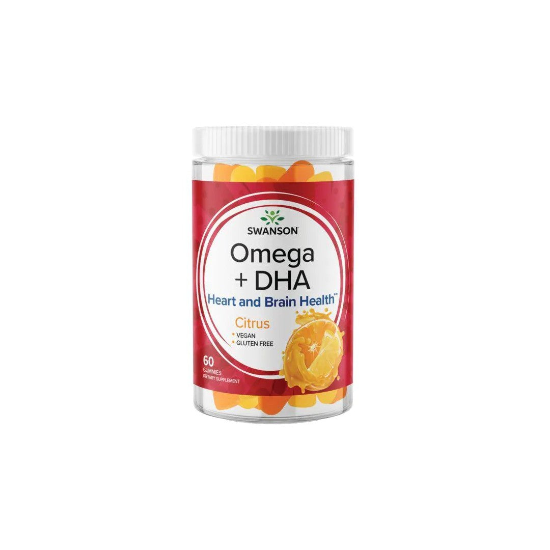 Eine Dose Swanson Omega plus DHA 60 gummies - Zitrusfrüchte auf weißem Hintergrund, die essentielle Fettsäuren zur Förderung der Herzgesundheit und zur Kontrolle des Cholesterin- und Triglyceridspiegels liefern.