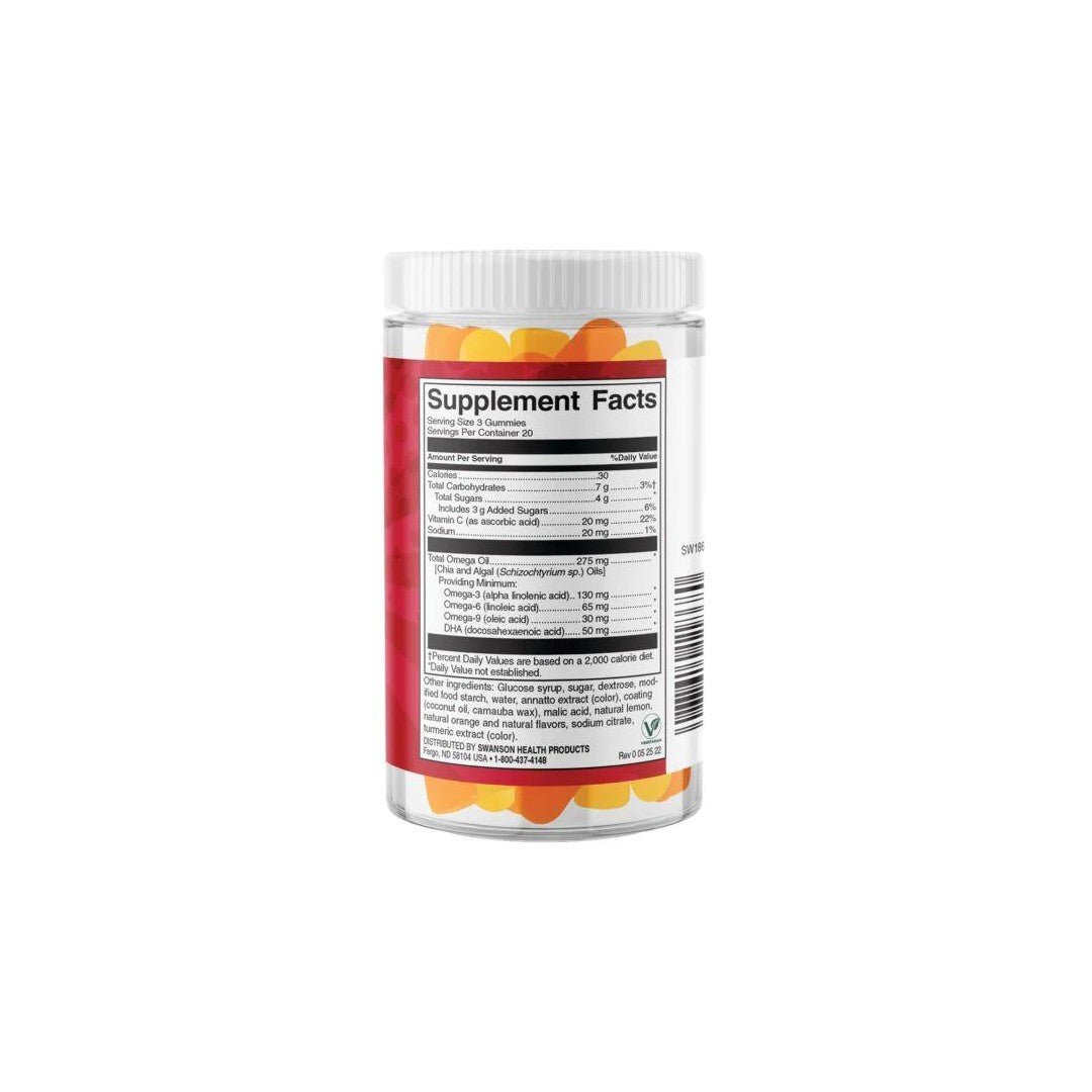 Eine Dose Omega plus DHA 60 gummies - Citrus von Swanson mit essentiellen Fettsäuren auf weißem Hintergrund.