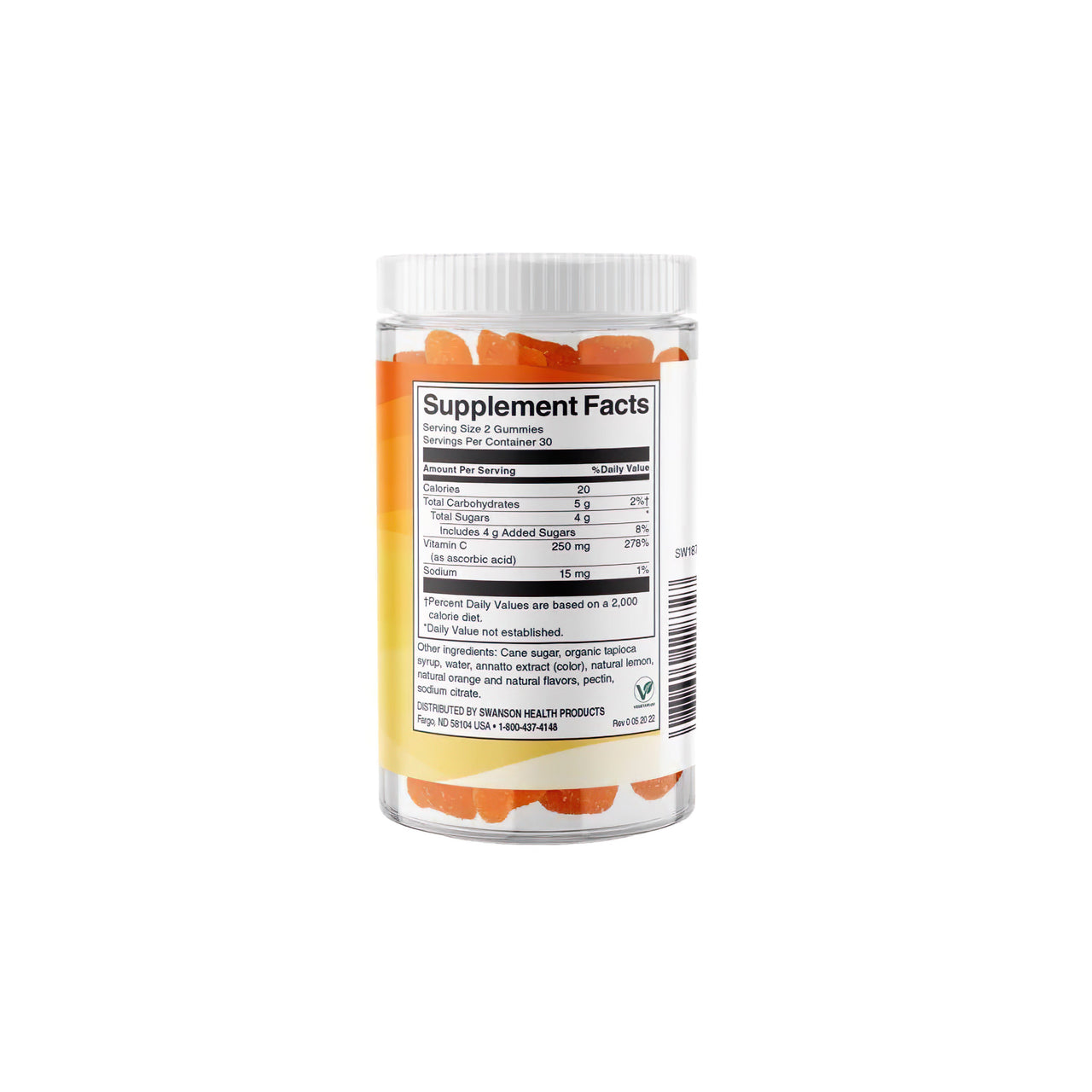 A jar of Swanson Vitamin C 250 mg 60 Gummies - Orange dietary supplements on a white background.