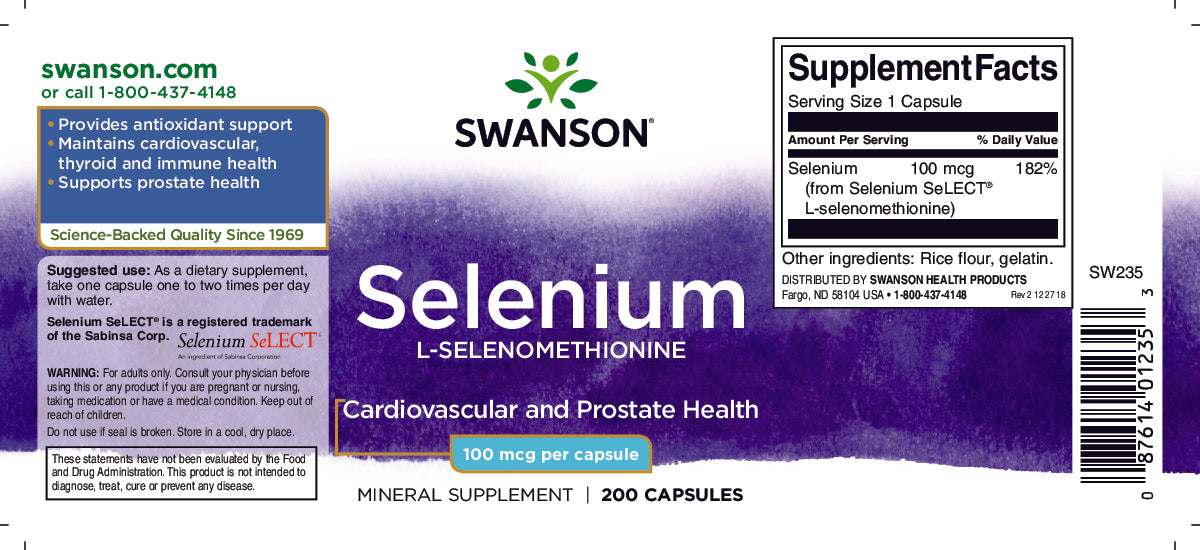 SwansonSelen - 100 mcg 200 Kapseln L-Selenomethionin Flasche ist ein hochwertiges Produkt zur Unterstützung von Antioxidantien. Es fördert die kardiovaskuläre Gesundheit und bietet hervorragende Vorteile für die Gesundheit der Prostata.