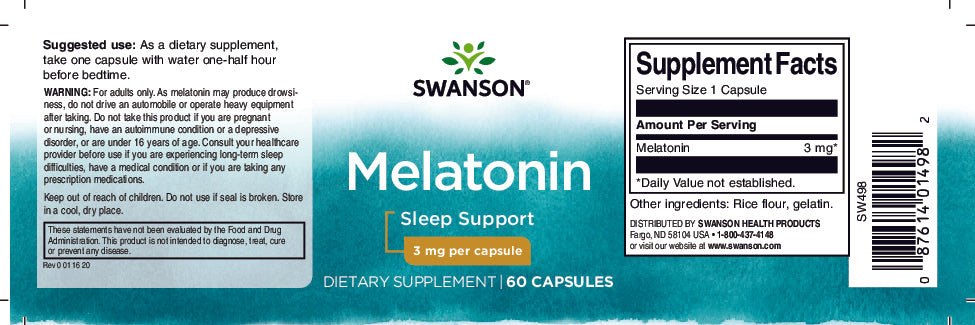 Eine Flasche Swanson Melatonin - 3 mg 60 Kapseln zur Unterstützung des Schlafs.