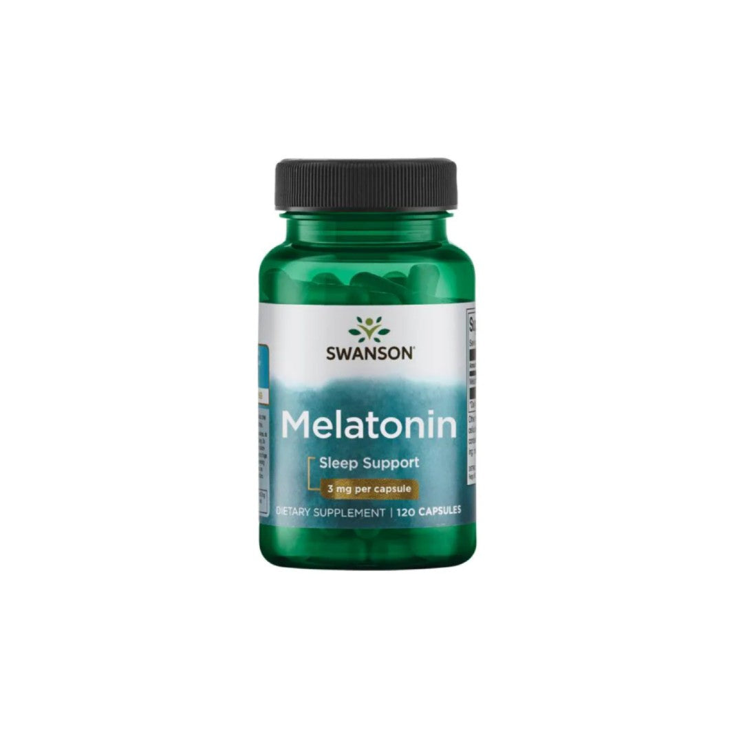 Eine Flasche Swanson Melatonin - 3 mg 120 Kapseln auf einem weißen Hintergrund.