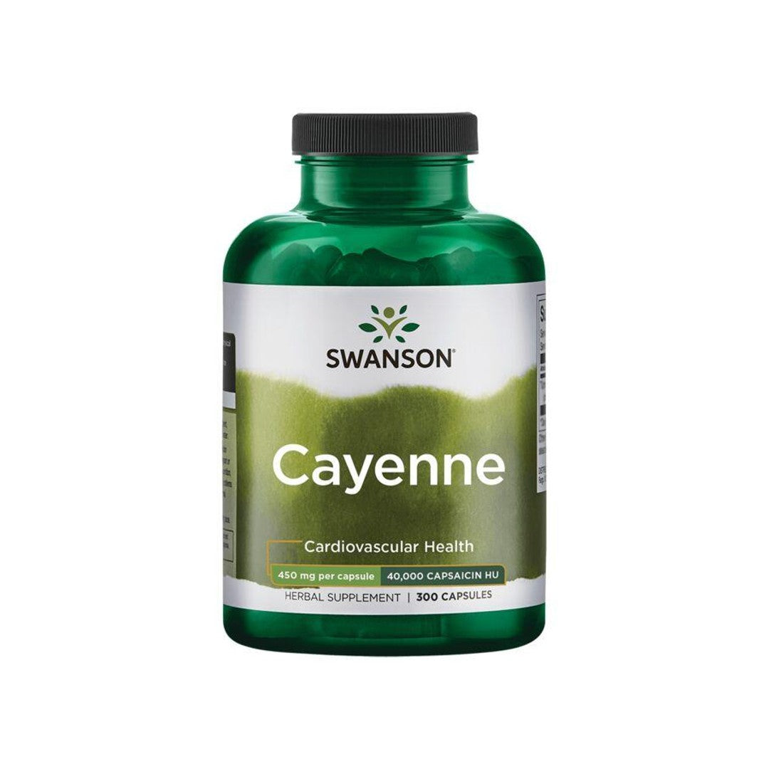 Eine Swanson grüne Flasche mit weißem Etikett enthält Cayenne - 450 mg 300 Kapseln.