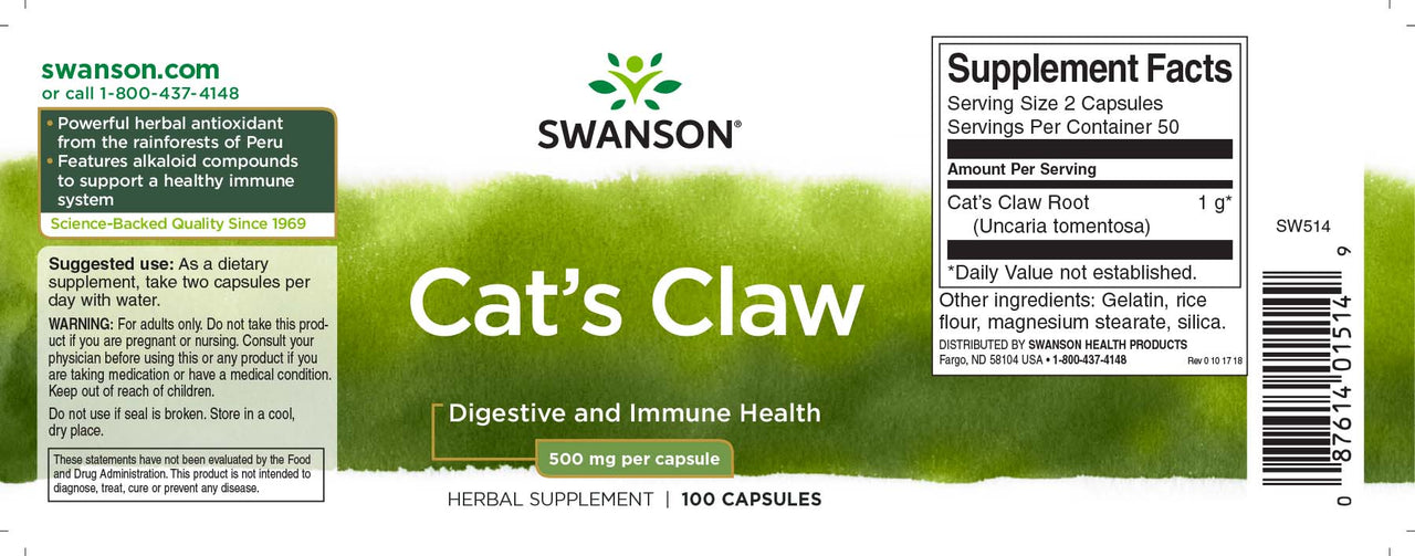 Swanson's Cats Claw - 500 mg 100 Kapseln Ergänzung Etikett.