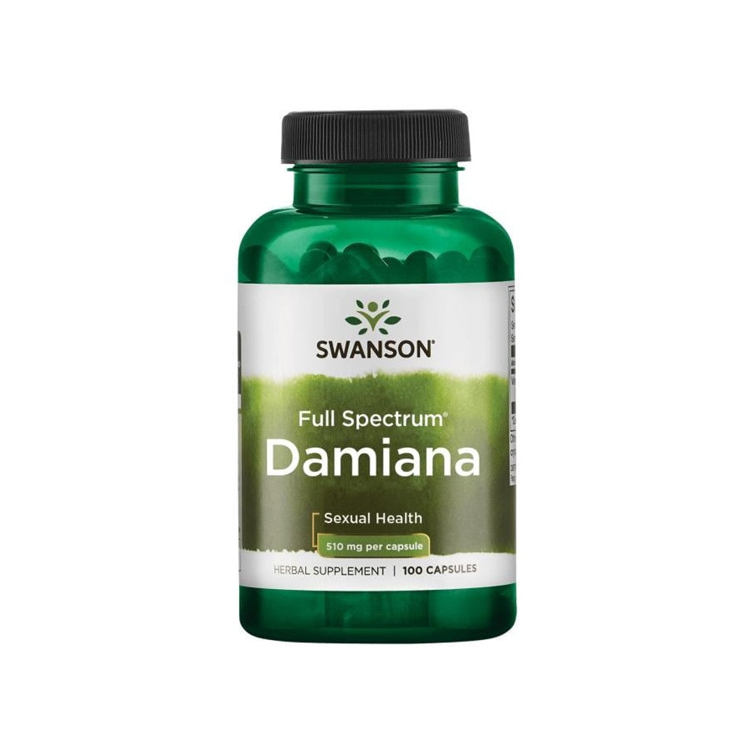 Eine Flasche Swanson's Damiana - 510 mg 100 Kapseln.