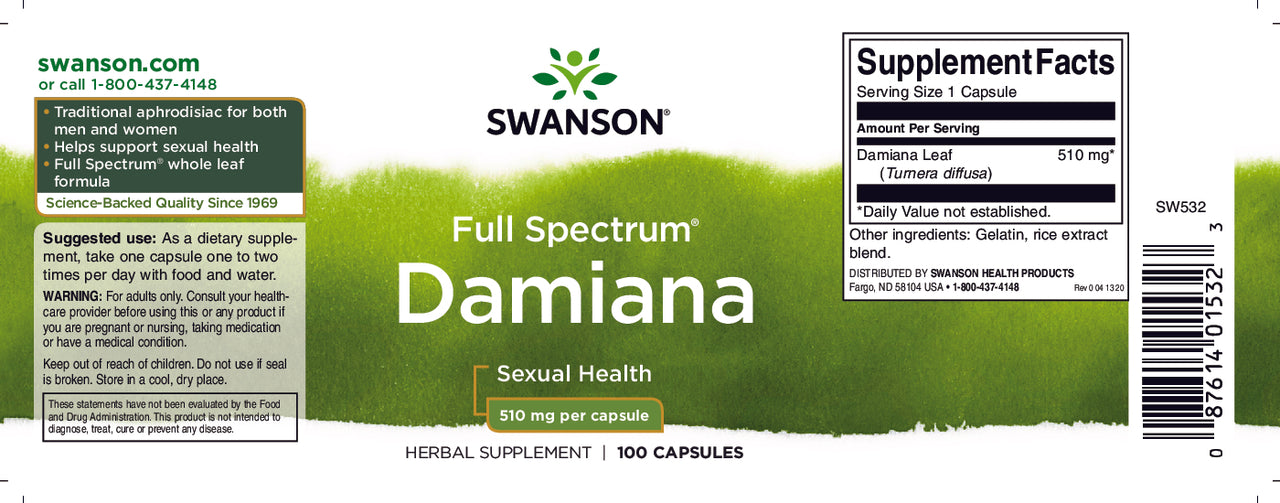 Ein Etikett für Swanson's Damiana - 510 mg 100 Kapseln.