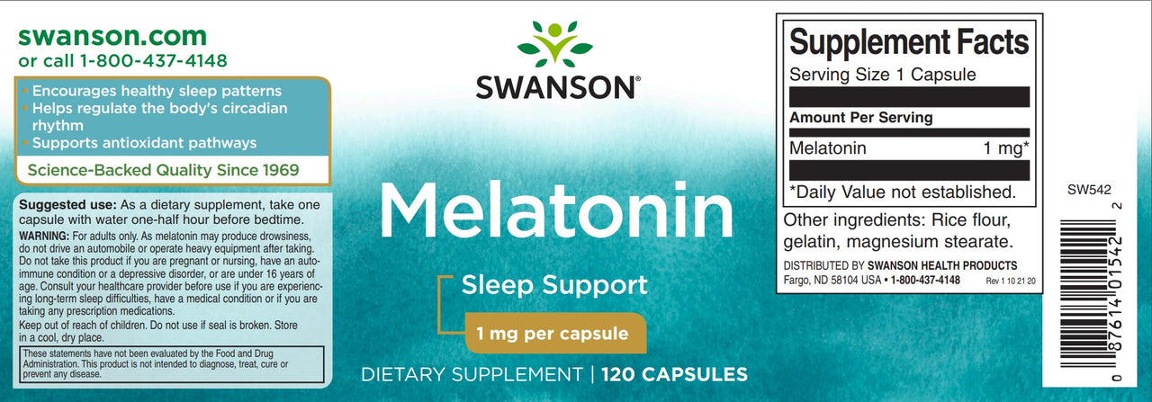 Das Etikett von Swanson Melatonin - 1 mg 120 Kapseln.
