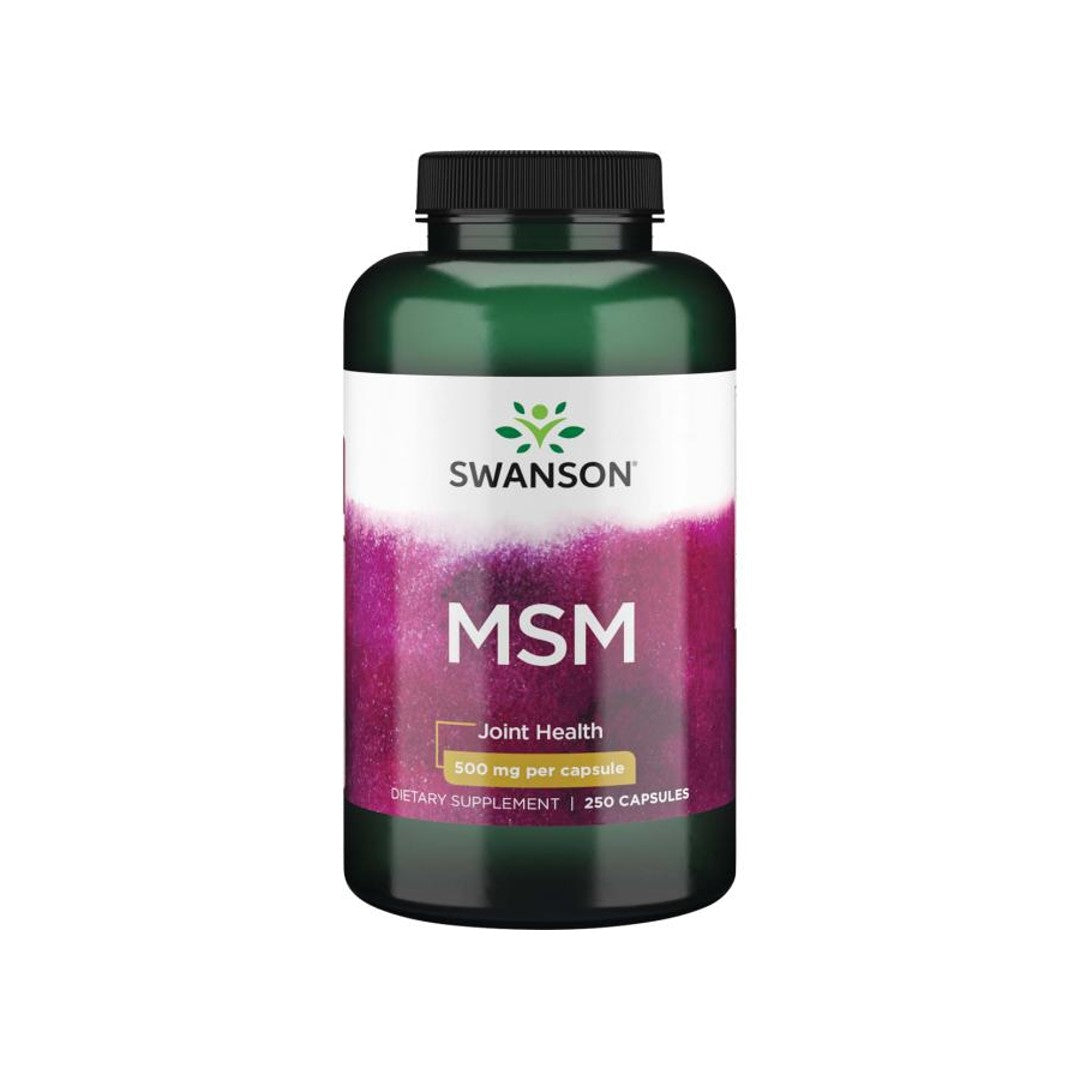 Eine Flasche Swanson MSM - 500 mg 250 Tabs auf weißem Hintergrund, die die Gesundheit von Gelenken und Haaren/Haut fördern.
