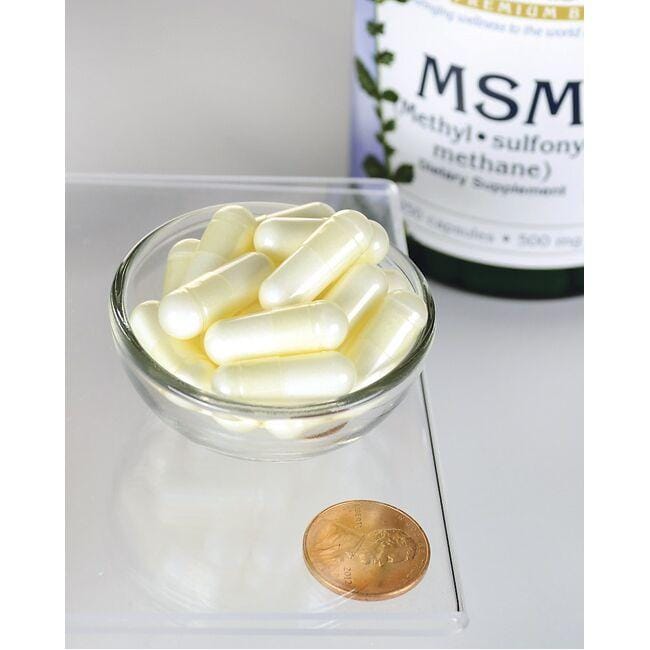 Swanson MSM - 500 mg 250 Tabs in einer Schale neben einem Penny zur Förderung der Gelenk- und Haargesundheit.
