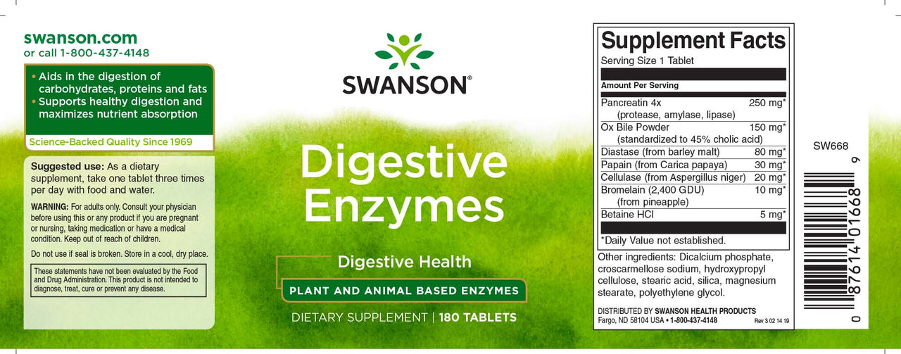 Ein Etikett für Swanson Verdauungsenzyme - 180 Tabletten.