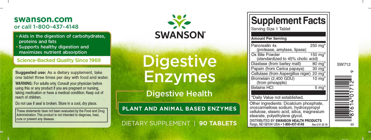 Label of Swanson Digestive Enzymes 90 Tablets supplement designed to aid in the digestion of carbohydrates, proteins, and fats with supplement facts and suggested use information.