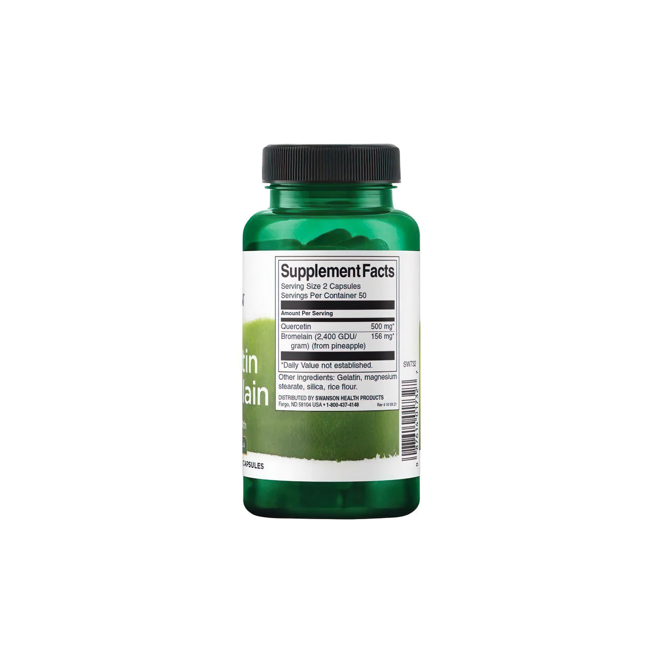 Eine Flasche Swanson's Quercetin mit Bromelain 100 Kapseln, ein wichtiger Nährstoff für das Immunsystem, auf einem weißen Hintergrund.