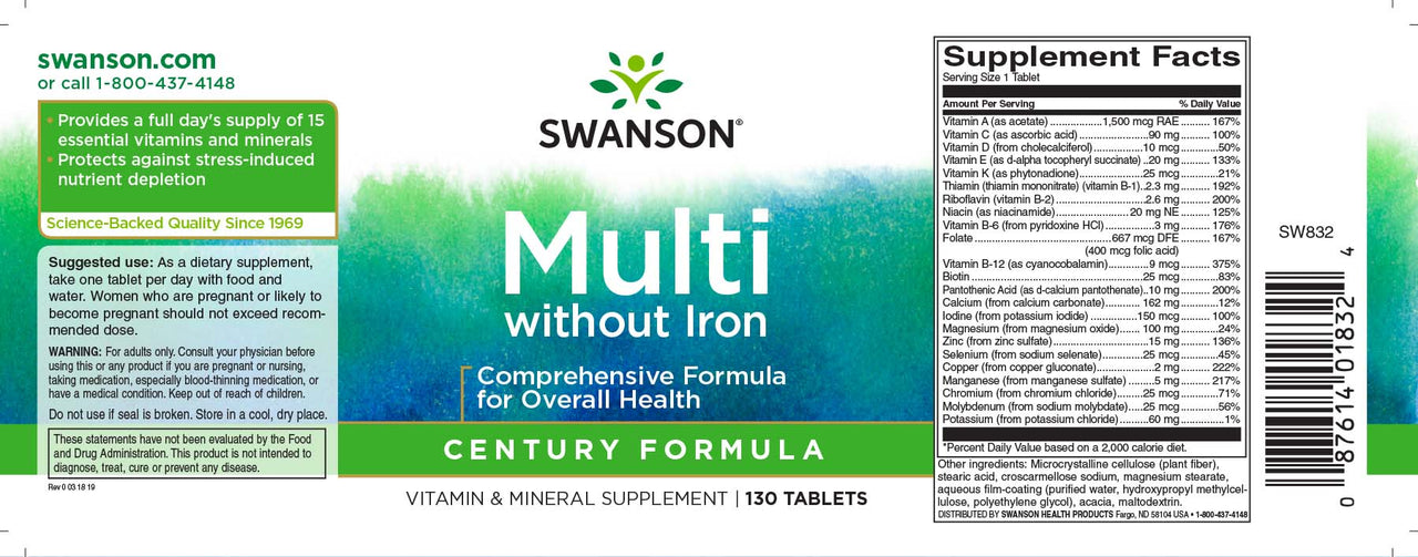 Das Etikett von Swanson Multi ohne Eisen - 130 Tabs enthält wichtige Mineralien und Vitamine, um Nährstofflücken zu schließen.