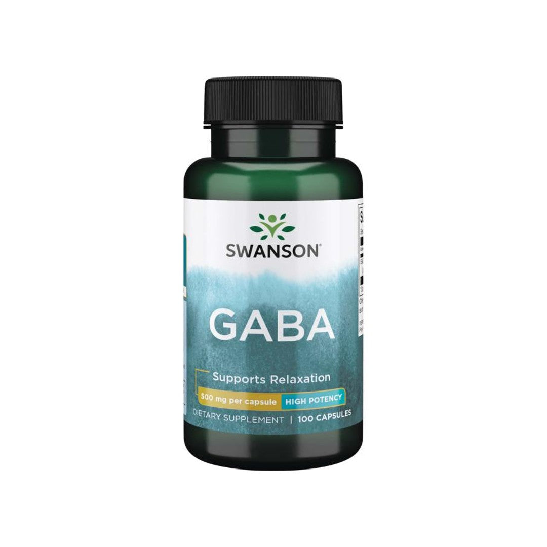 Eine Flasche Swanson GABA - 500 mg 100 Kapseln.