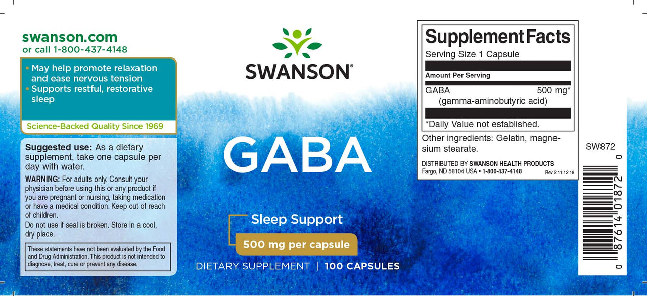 Swanson GABA - 500 mg 100 Kapseln Ergänzung Etikett.