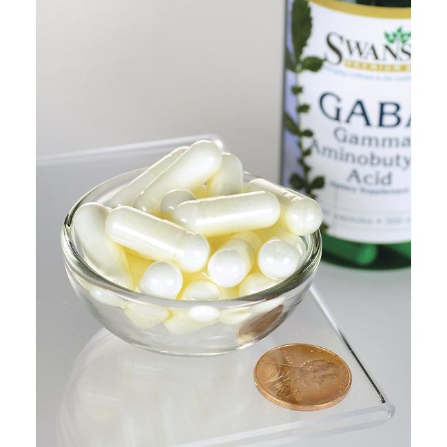 Eine Flasche Swanson GABA - 500 mg 100 Kapseln und daneben ein Pfennig.