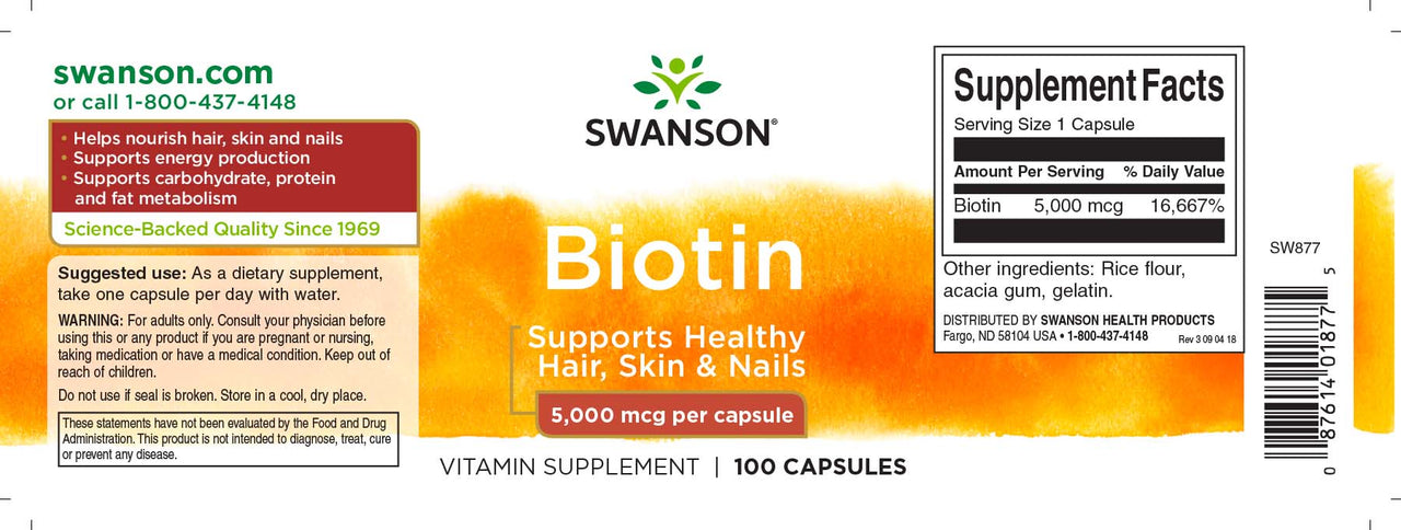 Swanson Biotin - 5 mg 100 Kapseln Nahrungsergänzungsmittel Etikett.