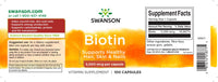 Vorschaubild für Swanson Biotin - 5 mg 100 Kapseln Nahrungsergänzungsmittel Etikett.