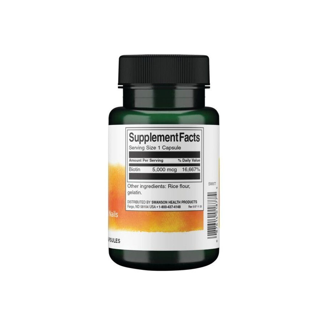 Ein Nahrungsergänzungsmittel Flasche von Biotin - 5 mg 100 Kapseln von Swanson auf einem weißen Hintergrund.