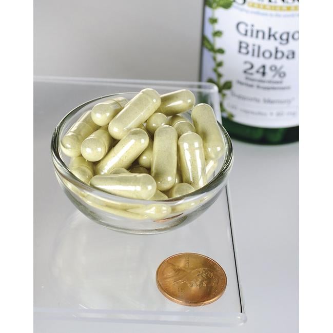 Swanson Ginkgo Biloba Extrakt 24% - 60 mg 120 Kapseln in einer Schale neben einem Pfennig.