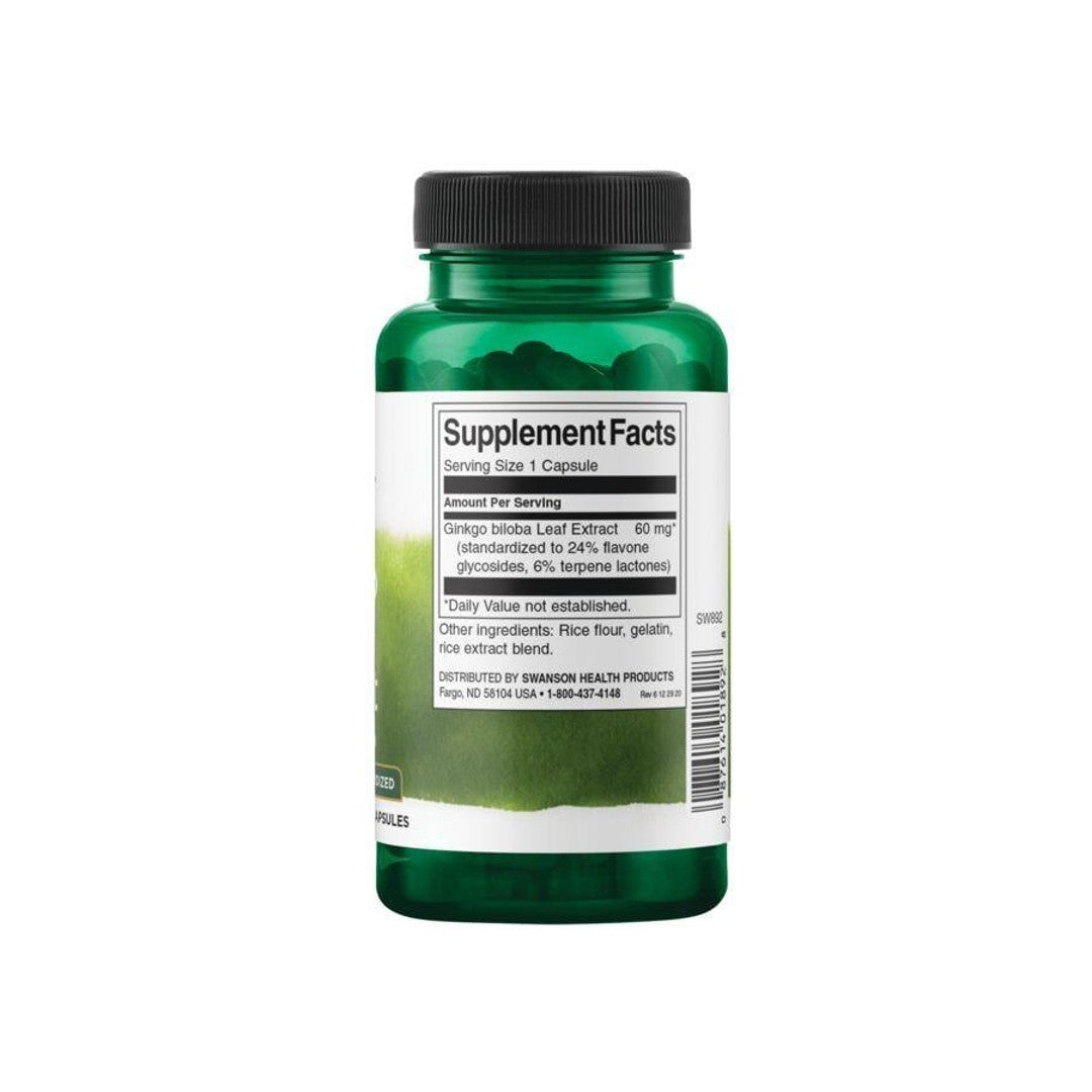 Eine Flasche Swanson's Ginkgo Biloba Extrakt 24% - 60 mg 120 Kapseln auf einem weißen Hintergrund.