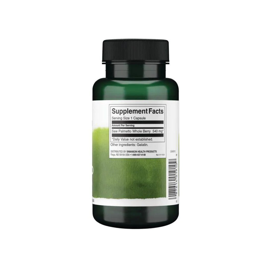 Eine Flasche Saw Palmetto - 540 mg 100 Kapseln von Swanson mit Prostataunterstützung auf weißem Hintergrund.