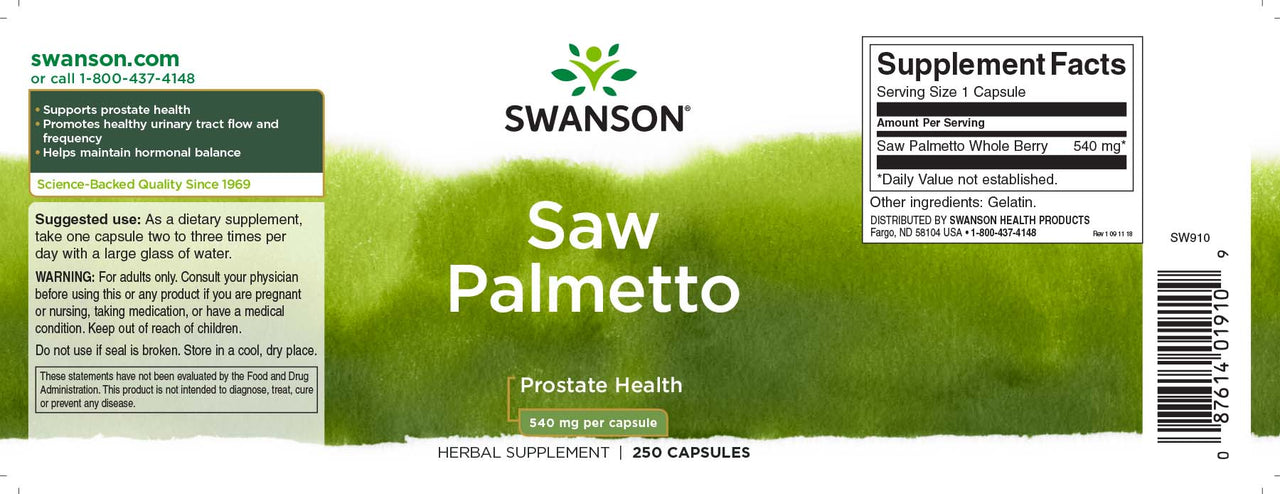 Swanson Sägepalme - 540 mg 250 Kapseln Nahrungsergänzungsmittel fördert die Gesundheit der Prostata und unterstützt den Harntraktfluss.