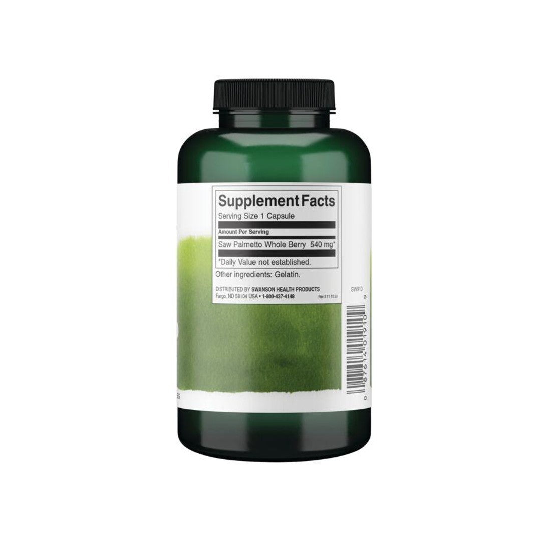 Eine Flasche Grüntee-Ergänzung mit Swanson Sägepalme - 540 mg 250 Kapseln für die Gesundheit der Prostata und die Verbesserung des Harnwegsflusses auf einem weißen Hintergrund.