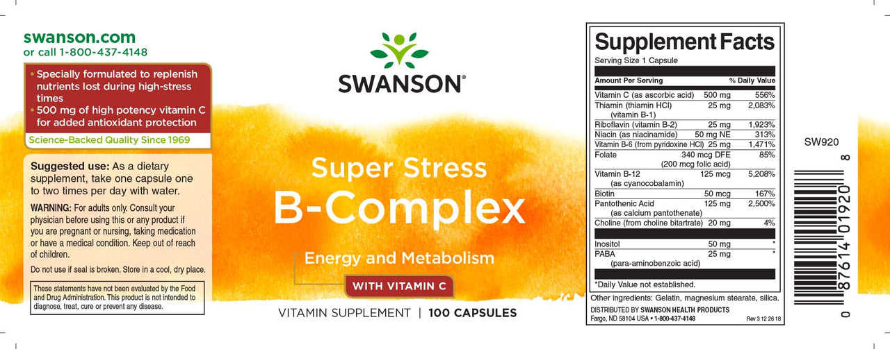 Swanson B-Komplex mit Vitamin C - 500 mg 100 Kapseln Etikett.