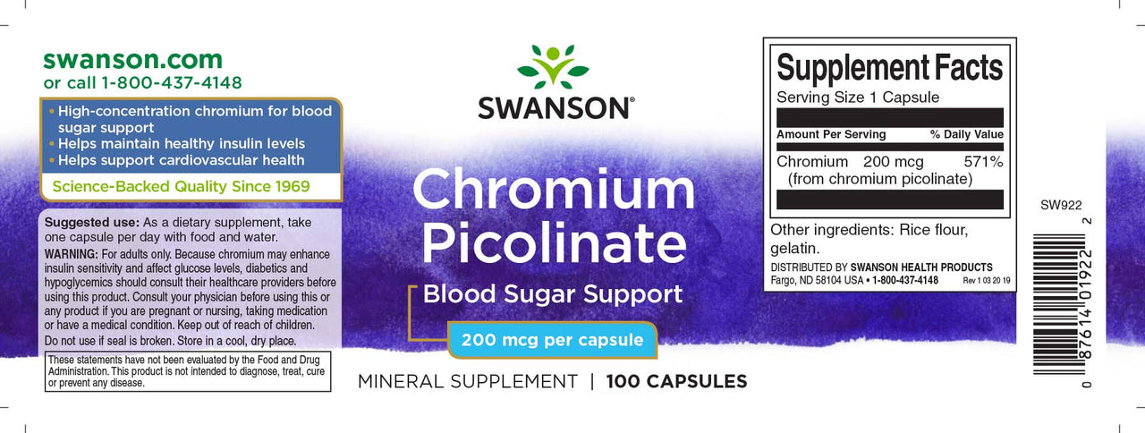 Ein Etikett mit Swanson Chromium Picolinate - 200 mcg 100 Kapseln.